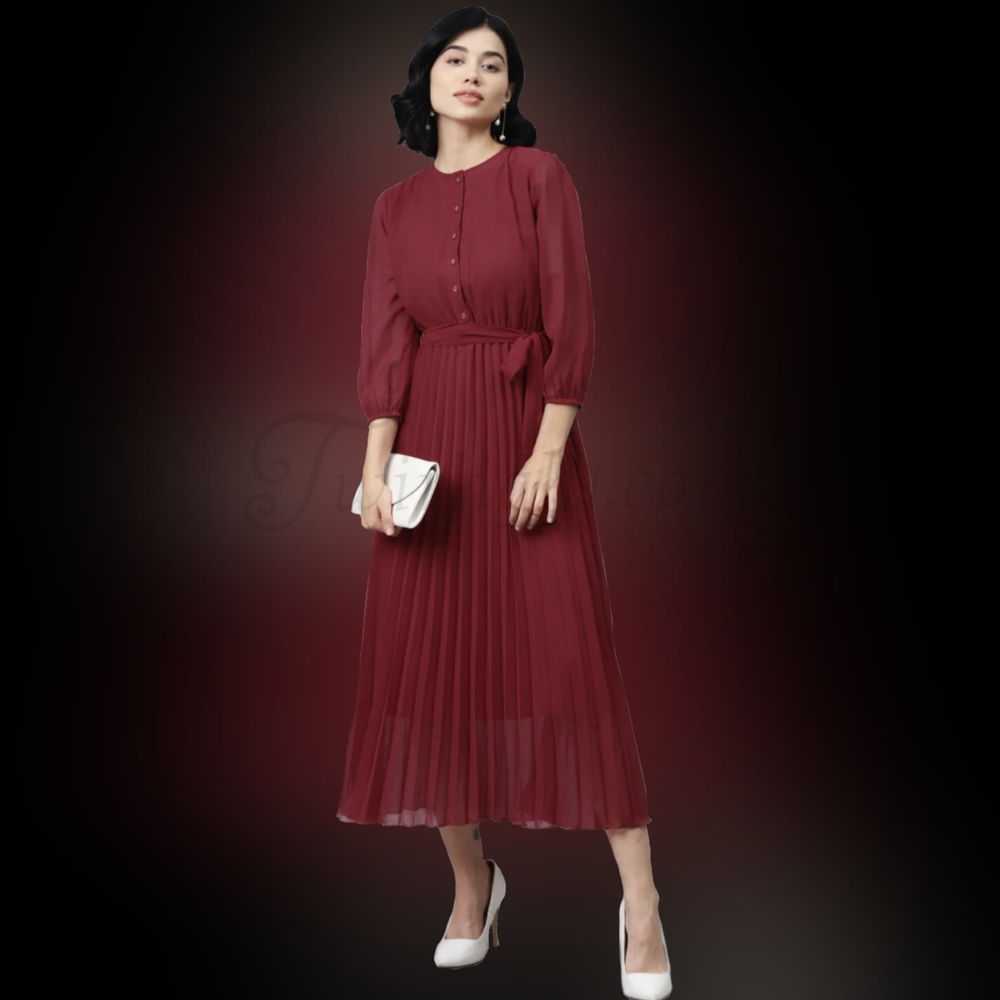 Vina: Wine-Colored Pleated Midi Dress